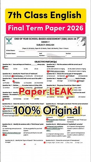 Class 7 English paper final term 2026 SBA 7th Class ka English ka paper 7th class English paper