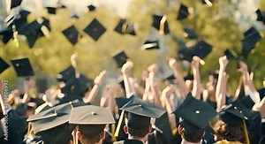 Crowd throwing graduation caps into the air during graduation celebration.