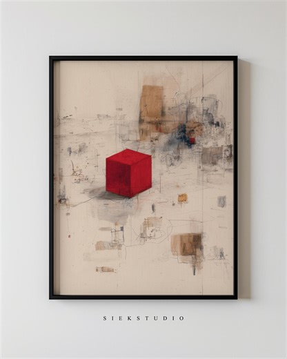Modern Abstract Red Accent Cube Square Shapes Wall Art, Minimalist Conceptual Lines Painting for Contemporary Decor 454 - Etsy