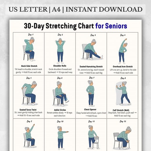 30 Day Stretching Chart for Seniors Printable | Gentle Flexibility Exercises | Seated and Standing Stretch Routine | Fitness Poster PDF - Etsy