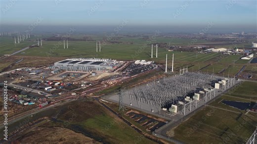 Aerial drone footage of a large scale data center under construction in Westpoort, Groningen, highlighting hyperscale cloud computing, big data processing, and AI infrastructure development.