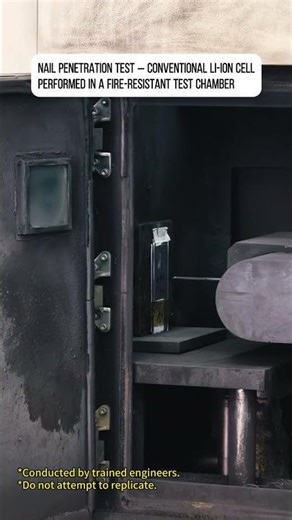 What happens when a conventional lithium-ion cell is subjected to a nail penetration test? #battery