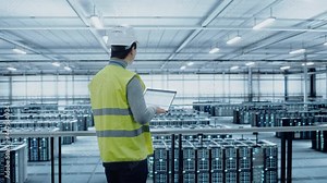 Data Center Engineer in High Visibility Vest Using Laptop Computer. Server Farm Cloud Computing Facility with Asian Male System Administrator Working with Data Protection Network for Cyber Security.