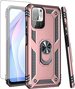 for Mi for Poco M3 Pro/for Redmi Note 10T 5G Case with Tempered Glass Screen Protector, [Military Grade] Magnetic Car Ring Mount Holder Protective Cover for Xiaomi Redmi Note 10 5G Rose Gold
