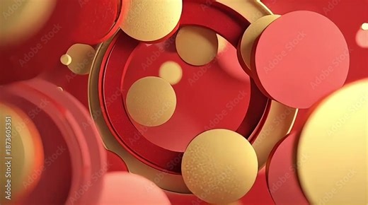 A vibrant abstract composition featuring an array of red and gold circular and ring shapes, creating a dynamic and layered visual texture.