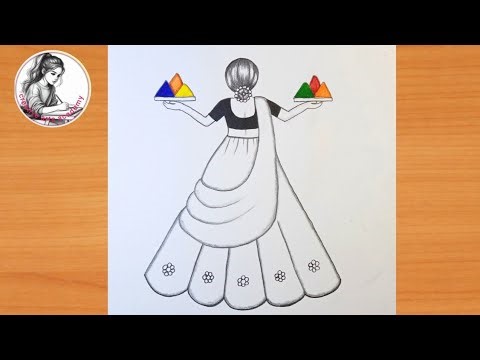 Holi drawing for kids / holi drawing easy step by step|how to draw traditional girl celebrating holi