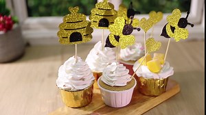 Bumble Bee Decorations Cupcake Toppers , 50 Pcs Glitter Gold Honey Bee and Heart Cup Cake Topper for Gender Reveal Party Supplies Baby Shower Decorating Birthday Food Decor