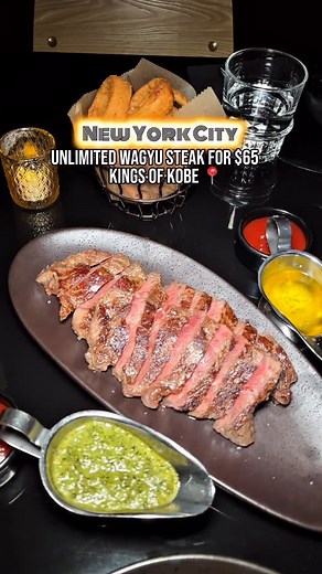 🥩✨ Who knew luxury could taste like this for just $65? @kingsofkobe is serving up one of NYC’s best dining deals — 2 hours of unlimited American wagyu ribeye. Think family-style platters stacked with steak, sides like truffle fries, battered fries, or onion rings, and sauces that take it over the top. Add in a crafted cocktail (or two 👀) and you’ve got yourself a perfect night. This special is available Sunday through Wednesday from 4:30–9:30 PM, and yes… it’s just as good for a weeknight dinn