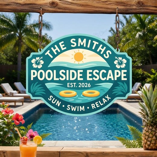 Personalized Poolside Escape Sign, Custom Pool Decor, Family Name Pool Sign, Summer Patio Wall Art, Outdoor Sign - Etsy