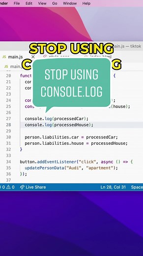 Stop using console log #javascript #javascriptwizz #frontend #developer #backend #webdevelopment #devtools #programming #react #computerscience #vscode #vue #html #coding #learncoding #deploy #debugging