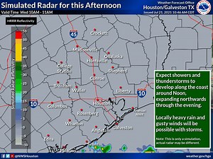 1.9K views · 26 reactions | Here is a look at the potential radar today: Expect showers and thunderstorms to move onshore around Noon, expanding northwards through the afternoon/evening. Locally heavy rainfall and gusty winds will be possible. ⛈️ | US National Weather Service Houston-Galveston Texas | Facebook