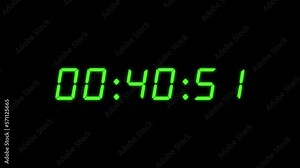 6-digits 45 seconds digital clock countdown timer. Green digits on black colour bg. Retro digital alarm clock, count-down concept