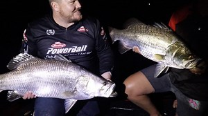 Double trouble 🔥 Barra whisperers Tim Staunton and Callum Munro found a few nice ones on Lake Awoonga slow rolling Powerbait Hollowbellys! 🎥 Russell Babekuhl #catchmorefish #passioninspiresobsession #ytb | Berkley Fishing
