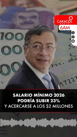 #6AM Los cálculos del Gobierno señalan que el salario mínimo en Colombia para 2026 debería superar los $1,8 millones mensuales, sin incluir el auxilio de transporte. Es decir, con un incremento del 23%, el salario básico pasaría a $1.750.905, lo que representa un aumento de $327.405, y este ajuste también aplicaría al auxilio de transporte, llevando el ingreso total mensual a $1.996.905. Este lunes a las 7:00PM se daría a conocer oficialmente el salario mínimo, a través de una alocución presiden