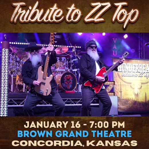 CONCORDIA 🚨Tickets are selling fast for ThunderBeard: A Tribute to ZZ Top at The Brown Grand Theatre! Join us for a night of classic hit songs like Sharp Dressed Man, Legs, Gimme All Your Lovin, La Grange, and more! Click the link below or call the Brown Grand Theatre Box Office at 785-243-2553 to get your tickets for ThunderBeard TODAY ⬇️ 🎟 https://bit.ly/TBConcordia26 🎟 | ThunderBeard: A Tribute to ZZ Top