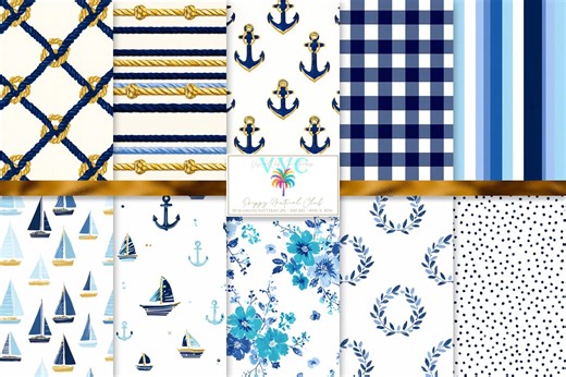 Preppy Nautical Club, 10 Seamless Patterns, Coastal Nautical Bundle, Blue Anchor Stripe Gingham, Summer Fabric Print - Etsy