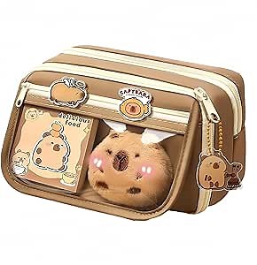 Capybara Pencil Case Kit with Plush Doll+20 Stickers+2 Brooches+Sticky Notes+Pens +Pendant,9-Layer Large Capybara Stationery Set Kawaii Makeup Bag (Brown)