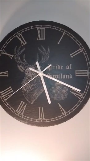 Highland Stag Slate Clock Crafted on 300mm natural slate, featuring a proud stag design with Scottish thistles — laser engraved with fine detail. Fitted with a silent Swift movement so it runs quietly, perfect for home, office, or gifting. 🏴 Proudly made in Scotland – message me for orders or custom designs. | Craig Robertson