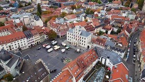 Town Hall Marketplace Aerial View Flight Drone. City Culture Weimar Fall Germany Stock Video - Video of central, town: 296697171