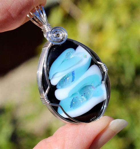 Sparkling Dichroic Glass Pendant, Wire Wrapped Pendant, Dichroic Glass Necklace, Argentium Sterling Silver Wire Jewelry - Etsy