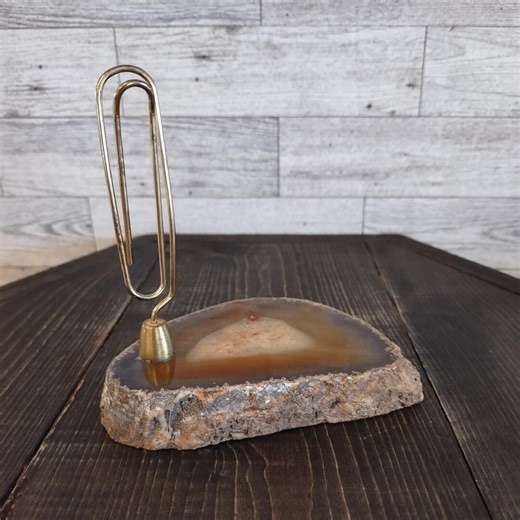 Vintage Mid Century Brass Paperclip Agate Geode Stone Paperweight Letter Holder/Vintage Desk Office Memo Organizer/Vintage Office Decor