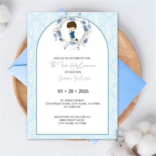 Boy First Communion Personalized and Printed Invitations in Blue Tones With Envelopes, 12pcs - Etsy