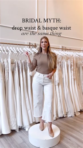 Ivory On Campbell | Downtown Roanoke bridal shop on Instagram: "Two trends we are currently seeing in bridal and are OBSESSED with are our drop waist and basque waist wedding dresses! However, these two terms are often mistakenly used interchangeably! Here’s the scoop: On a drop waist gown, the waistline seam is actually in line with the hips. In a basque waist gown, the waistline still hits at the natural waist on the side seams and is brought to a “v” in the front. Which waistline do you prefe
