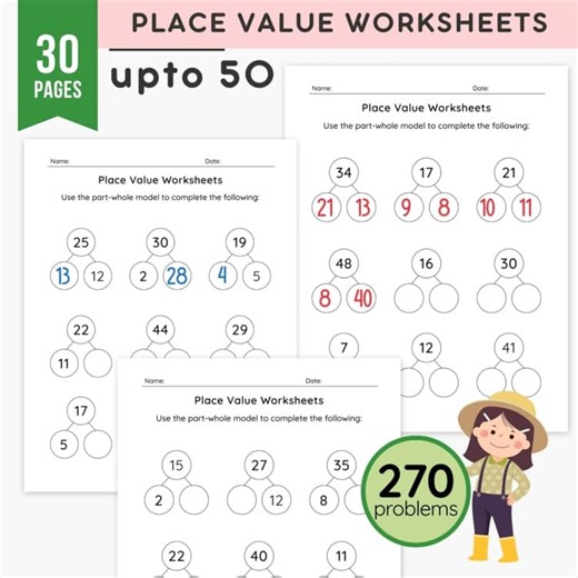 270 Place Value   Number Bond Worksheets 30 Page Math Practice Pack: Grade 1 - 3