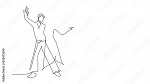 Self drawing animation of single line draw man and woman professional dancer couple dancing tango, waltz dances on dancing contest dancefloor. Night party. Continuous line draw. Full length animated.