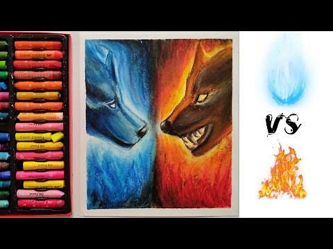 wolves oil pastel | ice & fire battle | for beginners