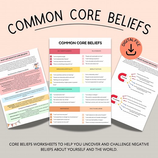 Common Core Beliefs, Core Beliefs Worksheet, Negative Thought Challenging, Cognitive Restructuring, Thinking Errors, Limiting Beliefs - Etsy