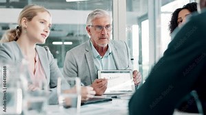 Accountant, meeting or business people with tablet or charts for teamwork, data analytics or research. Mature, manager or financial advisors in conversation with screen for sales graphs or revenue