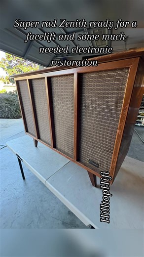 Got this very nice Zenith vacuum tube stereo console on the shop table ready for its time to shine. The full front speaker grill look is one that I love. The grill cloth is fabulous but unfortunately on its last legs. Not to worry, all will be made right for this gorgeous survivor. Ps, available for a new home when complete. #hilltophifi #fyp #vintageaudiogear #vintageaudiorepair #restoration