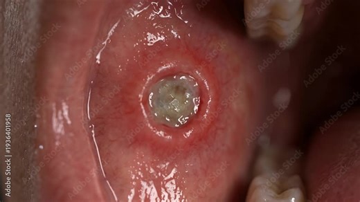 Close up extreme macro shot of an open mouth showing a canker sore or aphthous ulcer on the inner cheek mucosa with red inflamed surrounding tissue