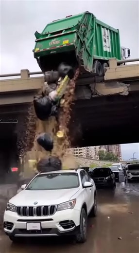 Garbage Truck Spills Trash and Sludge Onto SUV Below Overpass 🗑️❄️ Cleveland, Ohio — Sunday, March 2, 2025 Vertical smartphone footage filmed beneath a highway overpass shows a green garbage truck teetering at the edge of a broken guardrail above. The hopper begins leaking as a steady stream of black trash bags and brown liquid sludge pours down from the overpass. The debris rains directly onto a white SUV stopped below, piling up across the hood and completely burying the windshield as the spi
