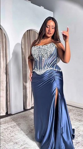 Ladivine CD733 Smoky Blue Prom Dress 💙 Beaded Corset Gown with Satin Skirt | Prom 2026