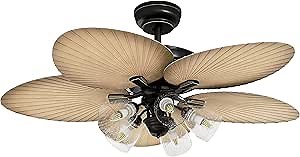 YITAHOME Ceiling Fans with Light and Remote, 52 Inch Tropical Palm Leaf Fanlight with Clear Seeded Glass Light Kit, 3 Speed, 4 Timer, Silent Reversible Motor - Sandstone and Black