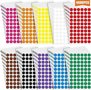 1/2 Inch Round Color Circle Dot Sticker Labels 10 Assorted Colors Circle Dot Labels Coding Sticker Adhesive Colored Sticker Solid Color Round Sticker for Coloring, Marking, Organizing (4800 Pieces)