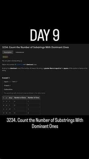 It's Sweety on Instagram: "DAY 9 of solving leet code problems Problem no: 3234. Count the Number of Substrings With Dominant Ones Solution: from collections import defaultdict import bisect class Solution: def numberOfSubstrings(self, s: str) -> int: n = len(s) prefix0 = [0] * (n + 1) for i in range(n): prefix0[i + 1] = prefix0[i] + (1 if s[i] == '0' else 0) max_k = 0 while (max_k + 1) ** 2 + (max_k + 1) <= n: max_k += 1 total = 0 for k in range(max_k + 1): pos_map = defaultdict(list) min_len =