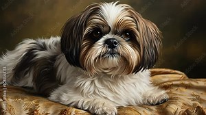 A small, white and brown Shih Tzu dog with big eyes lays on a patterned brown fabric