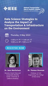 Register now for the "Data Science Strategies to Analyze the Impact of Transportation and Infrastructure on the Environment" webinar, designed to demonstrate how robust transportation data can be analyzed and paired with other relevant data in a variety of ways to help researchers, engineers, and transportation professionals research and develop solutions to mitigate the impact of traffic and congestion on the environment and the community. Learn how the use of newly available tools such as the 
