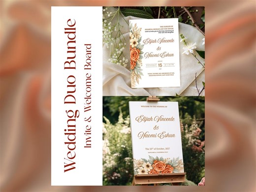 Rust Orange Floral Wedding Invitation & Welcome Sign Bundle, Boho Fall Green Canva Template, Rustic Garden Set, Editable Instant Download - Etsy