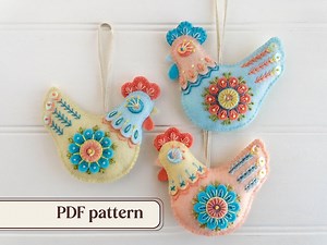 Embroidered Felt Chickens PDF Pattern, DIY Easter Ornaments Set, Three Folk Hen Decorations, Instant Download Hand Embroidery Pattern - Etsy