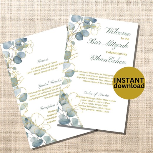 Editable Greenery Bar Mitzvah Program Template 5x8 Botanical Bar Mitzvah Order of Service Jewish Ceremony Temple Service Program Canva MC2 - Etsy