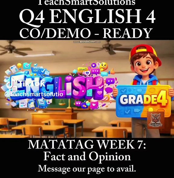 CLASSROOM OBSERVATION / DEMO - READY LESSON PACKAGE FOR Q4 ENGLISH 4 📣✨ 🍎 Week 7 - Fact and Opinion ✍️ Customizable according to your preference because the files are ✨EDITABLE✨ AVOID BURNOUT, KAMI NA PONG BAHALA SA PREPS PARA IWAS STRESS 🤩⚖️ INCLUSIONS: ✅ 100 Slides PowerPoint 💛 prayer 💛 classroom rules 💛 energizer 💛 interactive games 💛 w/ HD videos 💛 engaging activities 💛 comprehensive lecture 💛 HOTS questions 💛 quiz (SOLO framework) 💛 homework ✅ 10 pages Detailed Lesson Plan 💛 7