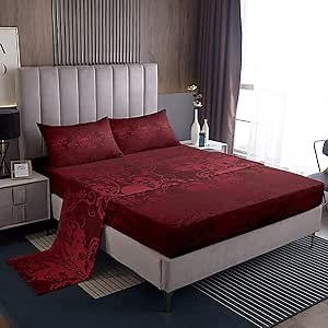 Adults Red Damask Sheet Set Antique Victorian Baroque Bed Sheets Twin Size,Gothic Vintage Floral Sheets Exotic Sugar Skull Bedding Set,Gothic Bone Skeleton Bohemian Decor