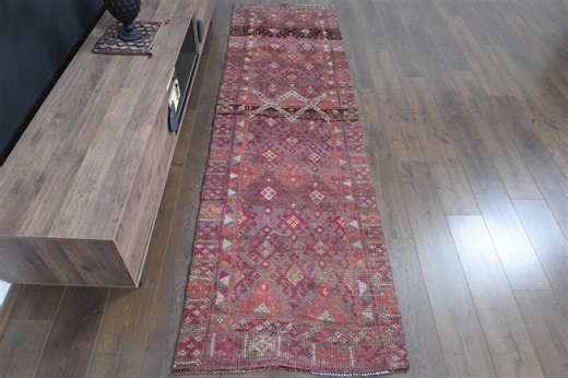 Vintage Turkish Colorful Purple Runner Rug (2'9x9'8 Ft): Hand-knotted Wool Oushak Decor - Etsy