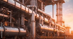 Industrial furnace and heat exchanger cracking hydrocarbons in factory on sky sunset background Close up of equipment in petrochemical plant 4k animation