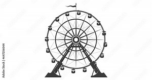 Ferris wheel animation, amusement park observation wheel, attraction with waving flag