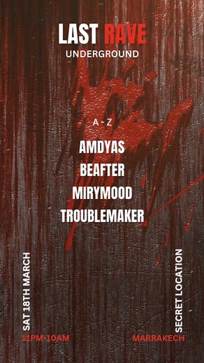 LAST RAVE! Get ready to experience the ultimate night of non-stop music, dancing and fun this Saturday at the last underground rave before the holy month! We’re taking over a secret location just 20 minutes outside of Marrakech, bringing together the best local DJs from Marrakech to spin the hottest tracks all night long. From 11PM to 10AM, you’ll be transported to another world as the sound of pulsing beats and electrifying melodies fill the air. The vibe is intense, the atmosphere is electric 